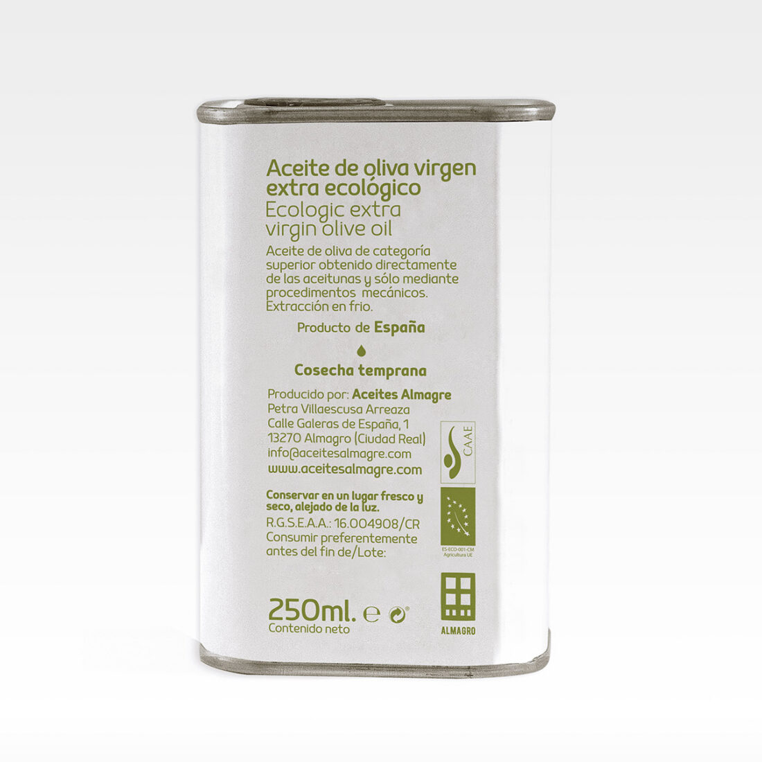 Aceite de Oliva ecológico Virgen Extra Almagre. Lata 250 ml ECO. Picual verde